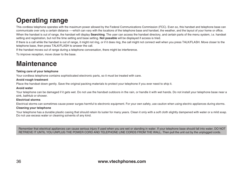 Operating range, Maintenance | VTech I6717 User Manual | Page 39 / 48