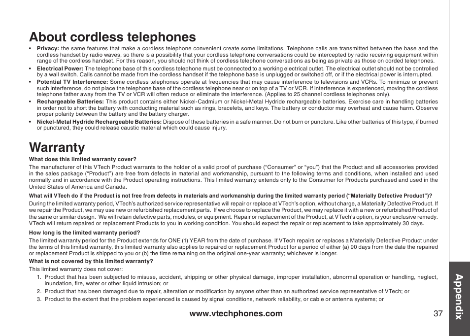 About cordless telephones, Warranty, Appendix | VTech I6717 User Manual | Page 40 / 48