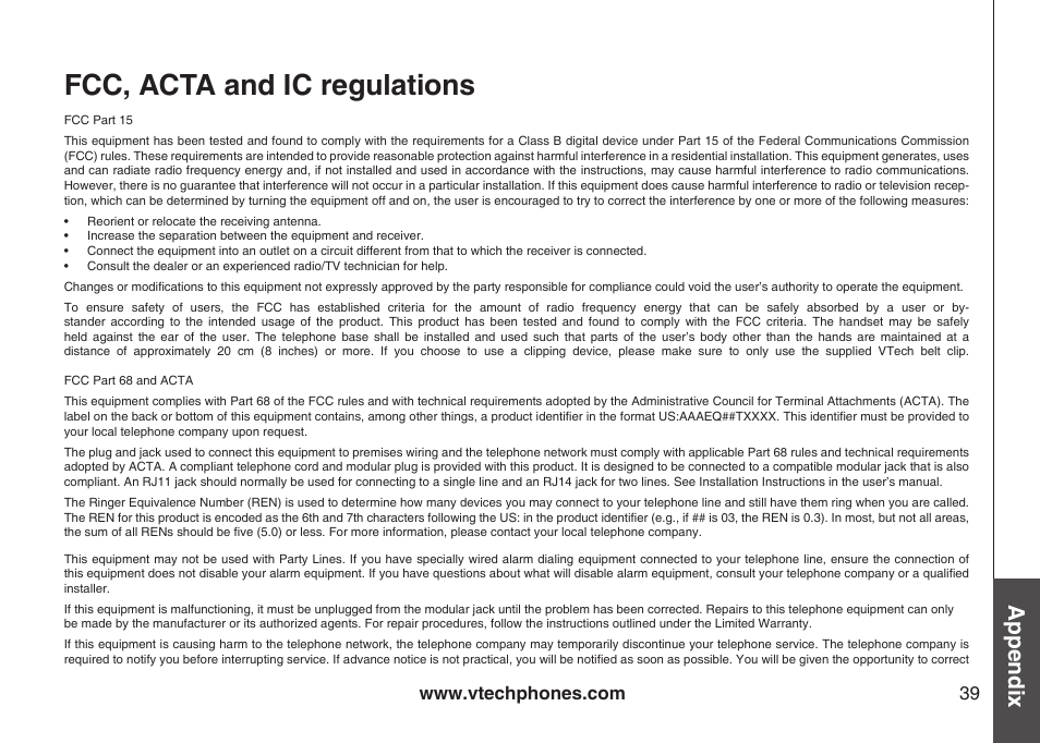 Fcc, acta and ic regulations, Appendix | VTech I6717 User Manual | Page 42 / 48