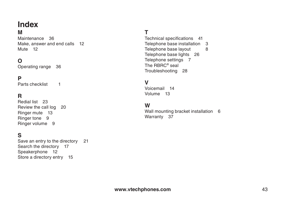 Index | VTech I6717 User Manual | Page 46 / 48