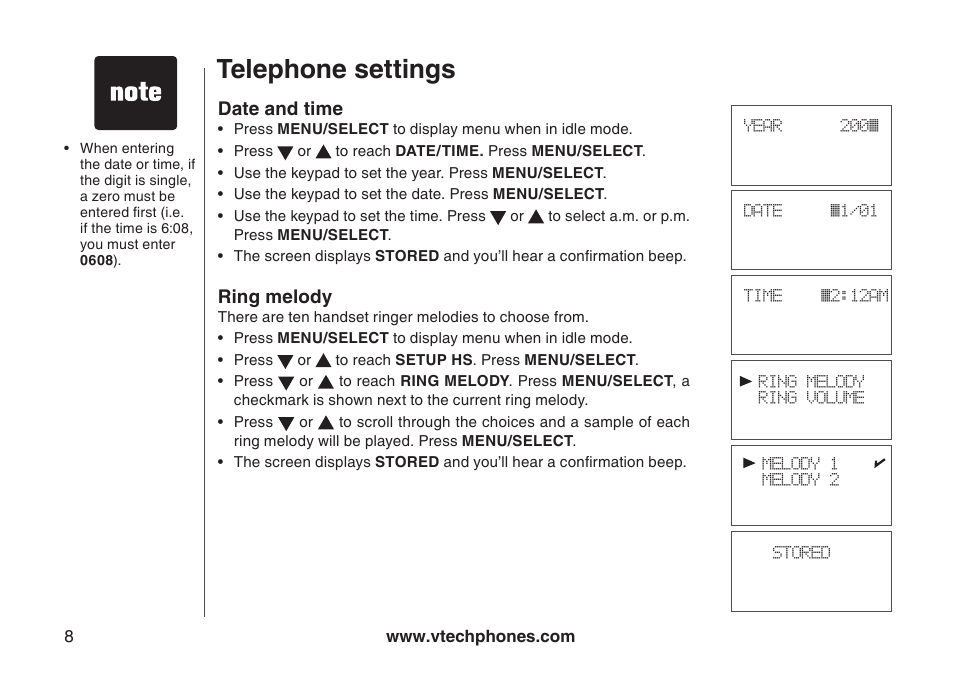 Date and time, Ring melody, Date and tme rng melody | Telephone settings | VTech 6031 User Manual | Page 11 / 51