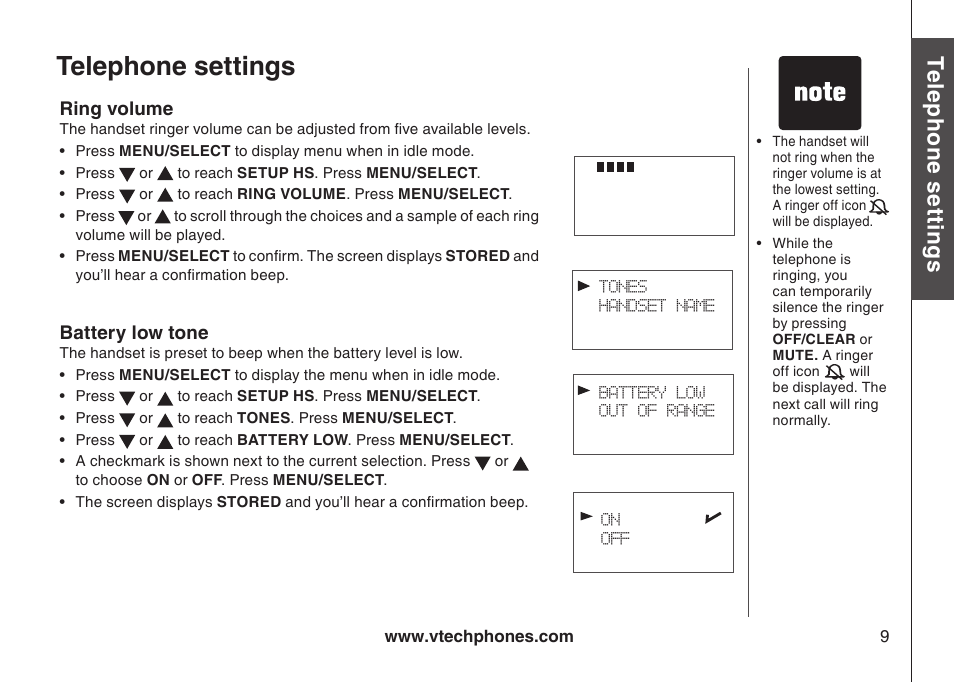 Ring volume, Rng volume battery low tone, Telephone settings | Te le ph on e s ett in gs, Bas ic o pe ra tio n | VTech 6031 User Manual | Page 12 / 51