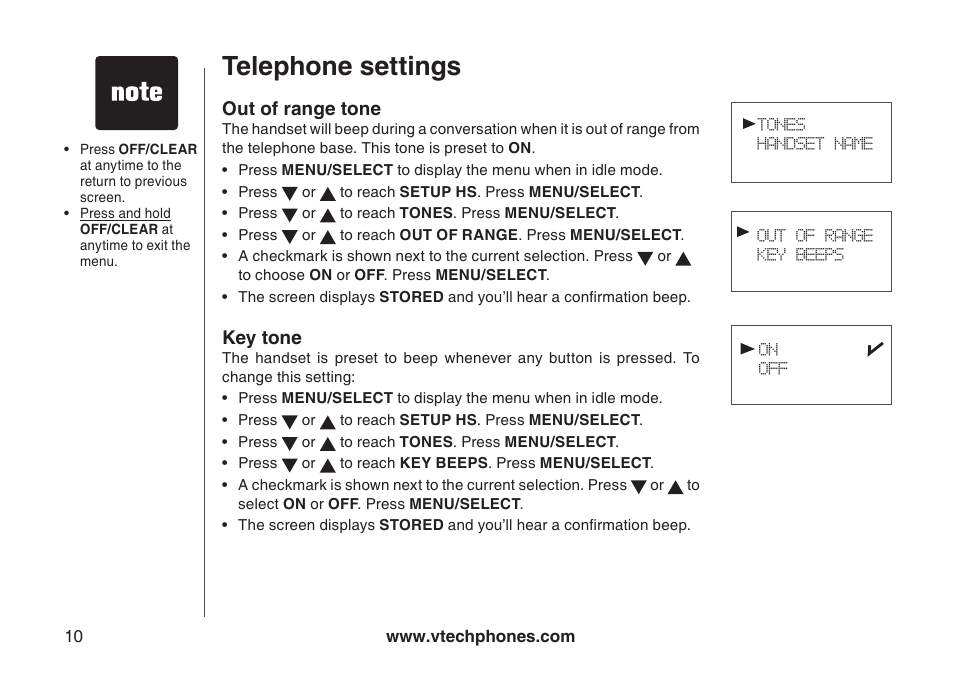 Key tone, Out of range tone, Out of range tone key tone | Telephone settings | VTech 6031 User Manual | Page 13 / 51