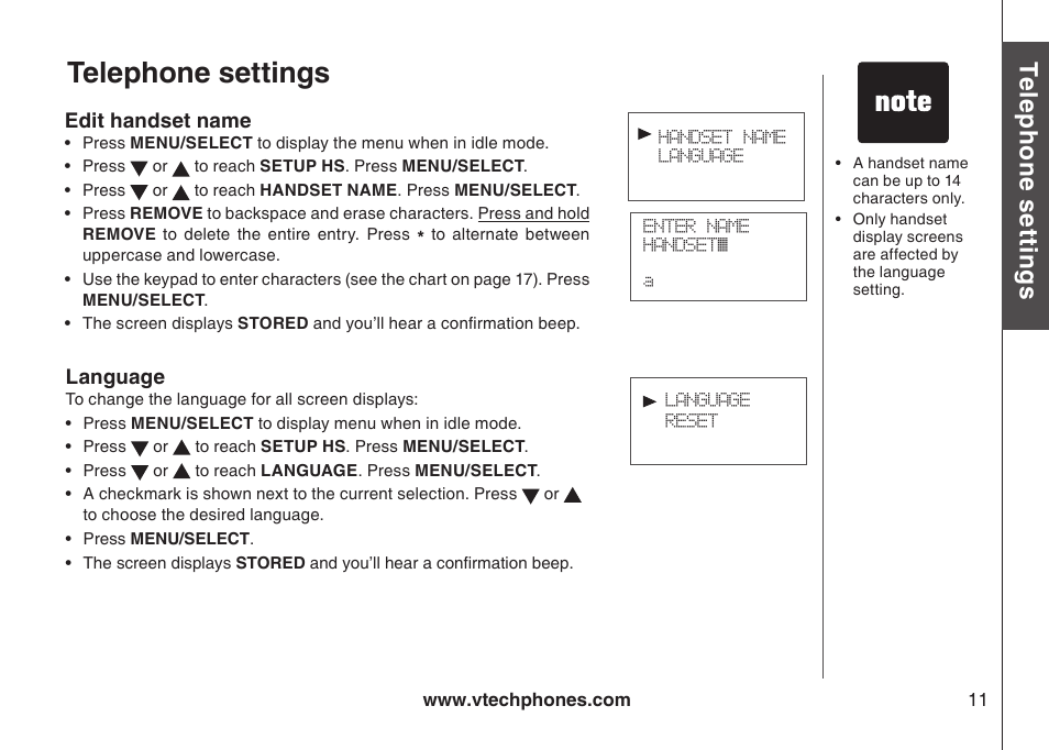 Edit handset name, Language, Edt handset name language | Telephone settings, Te le ph on e s ett in gs | VTech 6031 User Manual | Page 14 / 51
