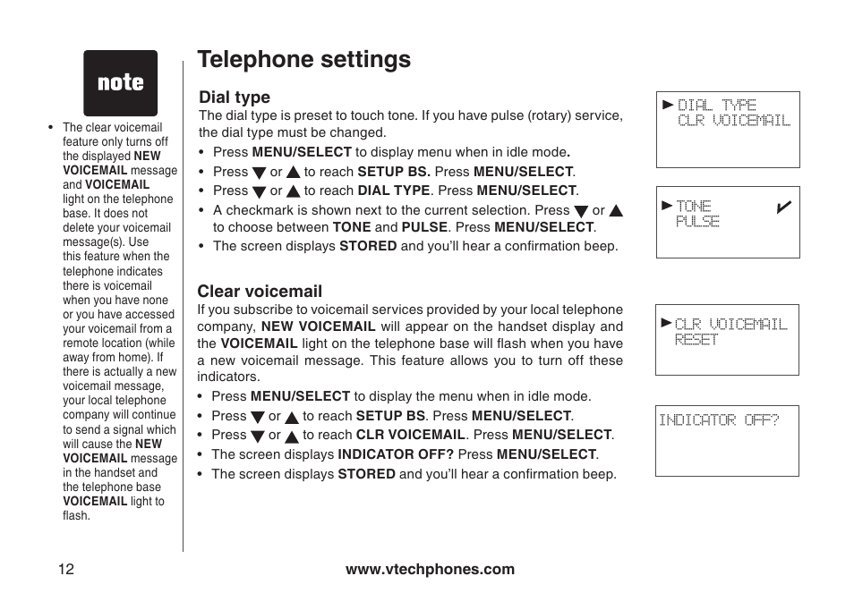 Clear voicemail, Telephone settings, Dial type | VTech 6031 User Manual | Page 15 / 51