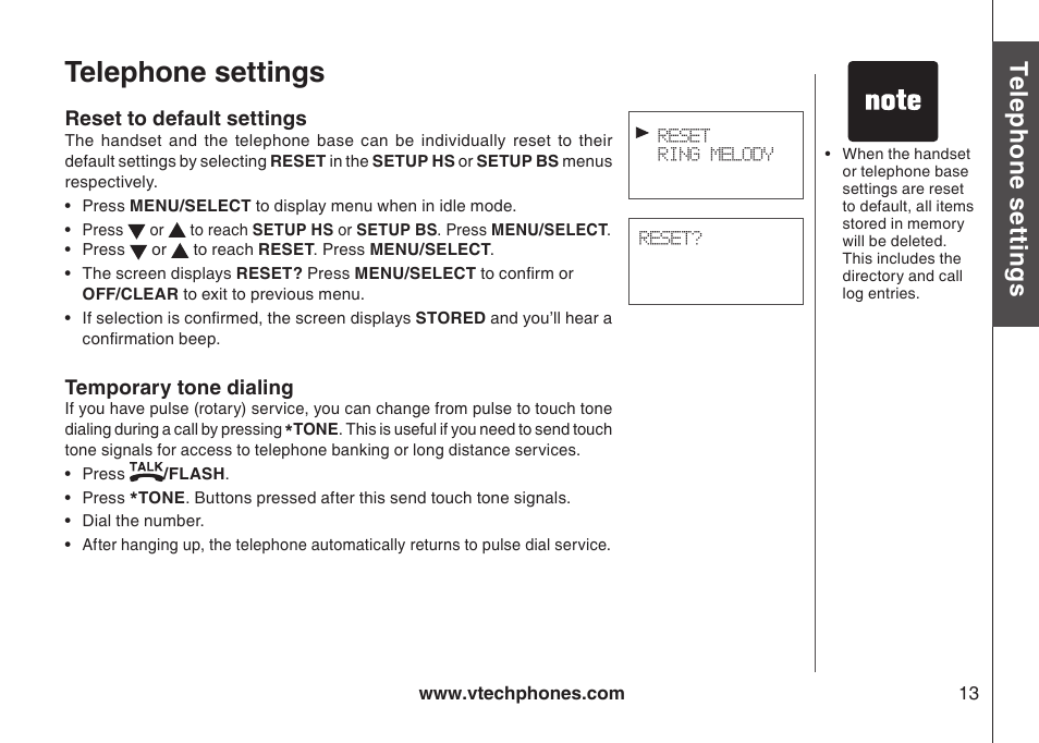 Reset to default settings, Reset to default settngs, Telephone settings | Te le ph on e s ett in gs | VTech 6031 User Manual | Page 16 / 51
