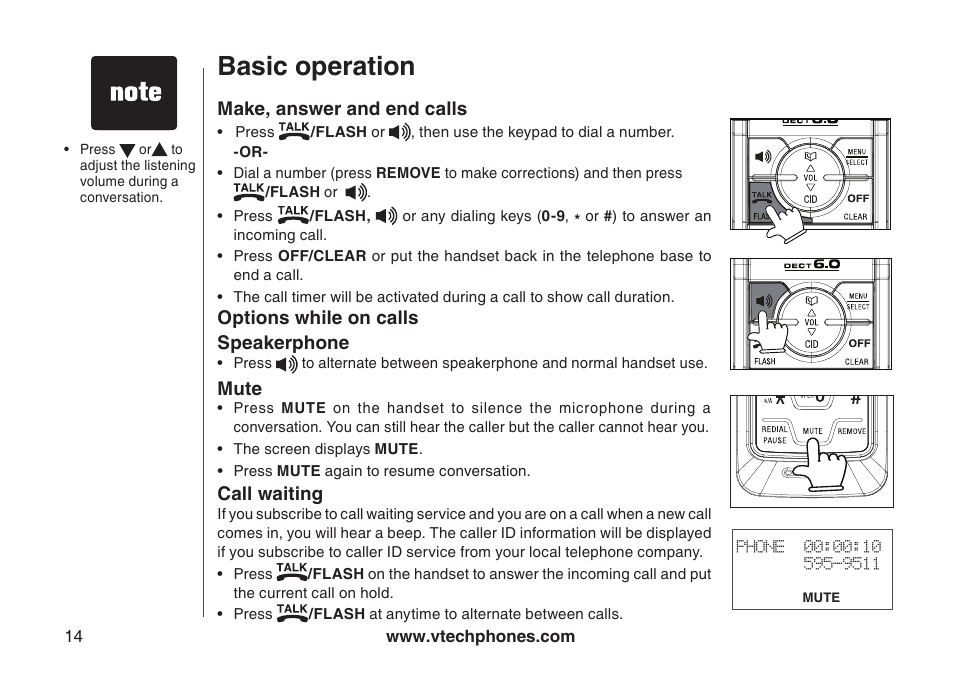 Basic operation, Call waiting, Mute | Options while on calls, Speakerphone, Call watng | VTech 6031 User Manual | Page 17 / 51