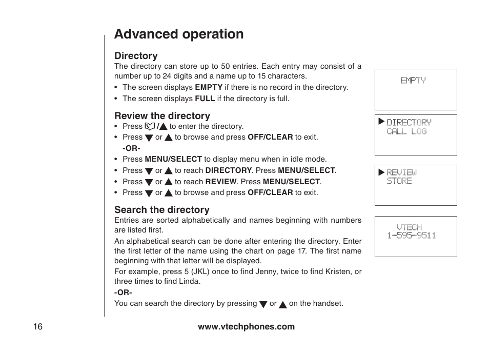 Advanced operation, Directory, Review the directory | Search the directory | VTech 6031 User Manual | Page 19 / 51