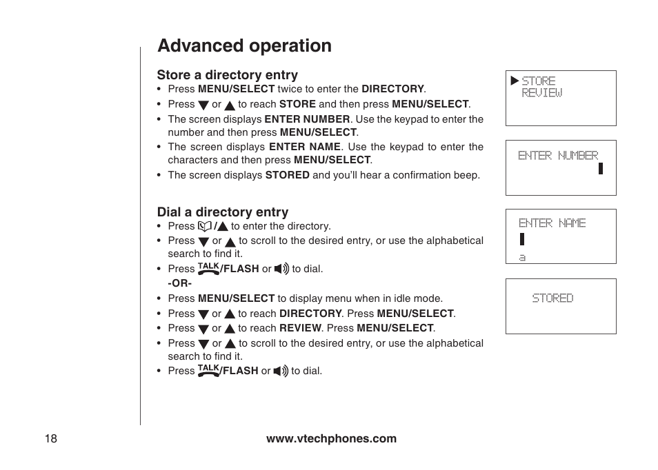 Dial a directory entry, Store an entry in the directory, Store a drectory entry dal a drectory entry | Advanced operation | VTech 6031 User Manual | Page 21 / 51