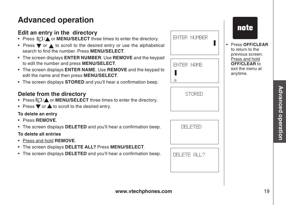 Delete one or all entries in the directory, Edit an entry in the directory, Edt a drectory entry delete from the drectory | Advanced operation | VTech 6031 User Manual | Page 22 / 51