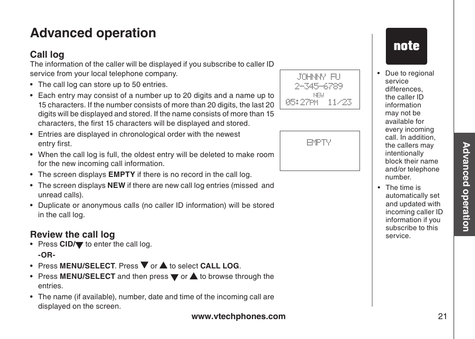 Call log, Review the call log, Call log revew the call log | Advanced operation | VTech 6031 User Manual | Page 24 / 51