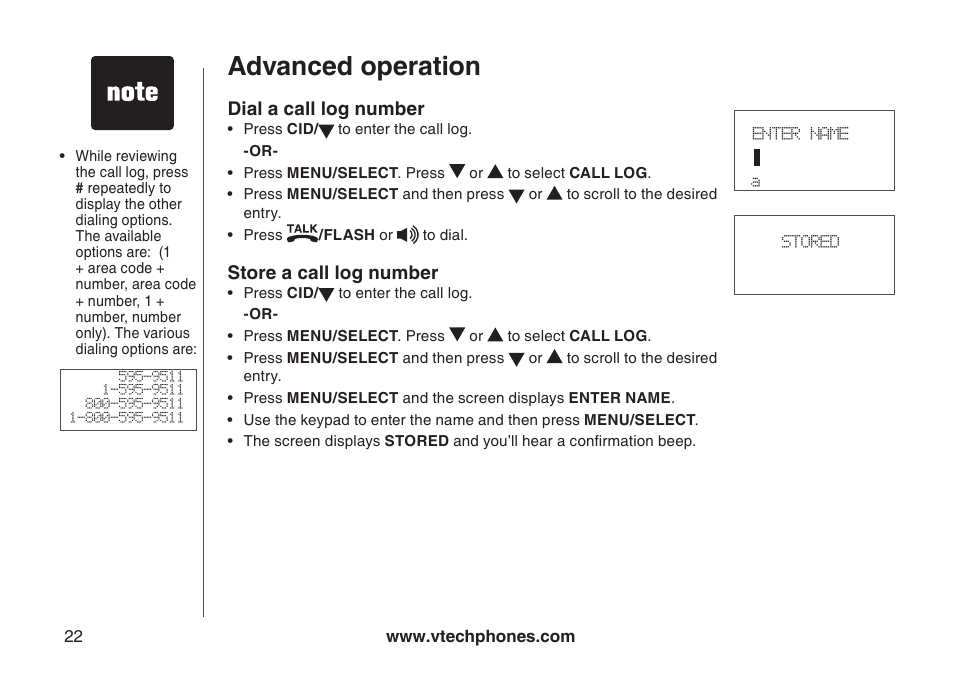Dial a call log number, Store a number from the call log, A call log number | Advanced operation | VTech 6031 User Manual | Page 25 / 51