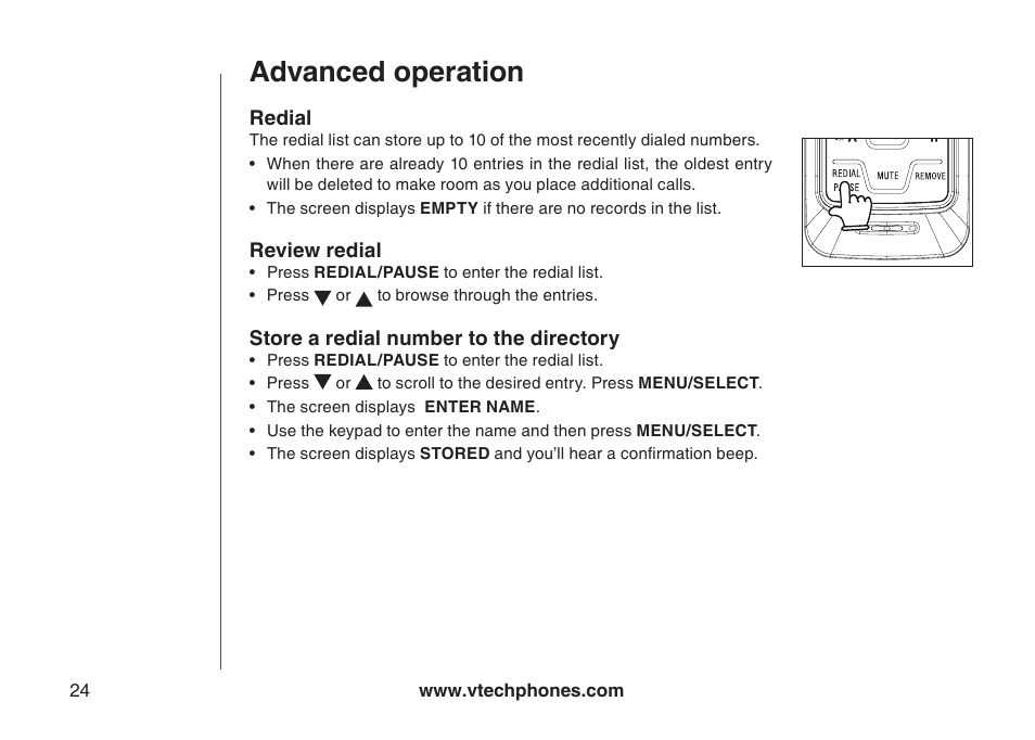 Redial, Review redial, Store a number from redial to the directory | Advanced operation | VTech 6031 User Manual | Page 27 / 51