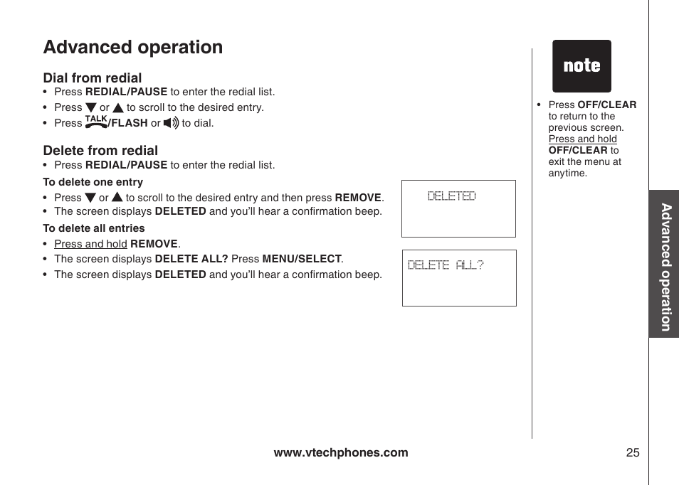 Delete one or all entries from redial, Dial a number from redial, Dal from redal delete from redal | Advanced operation | VTech 6031 User Manual | Page 28 / 51