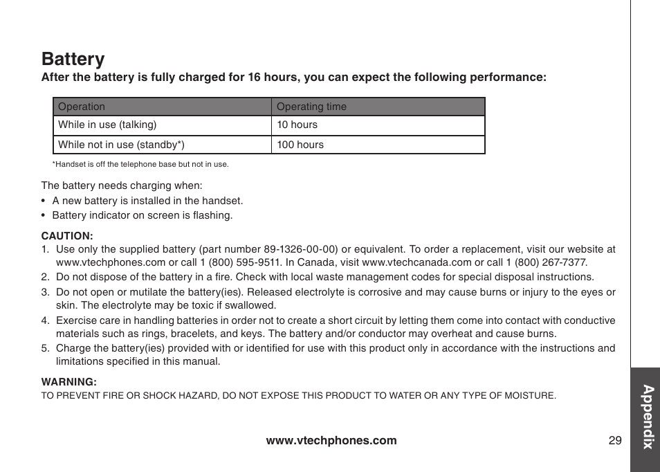 Battery, Appendix | VTech 6031 User Manual | Page 32 / 51