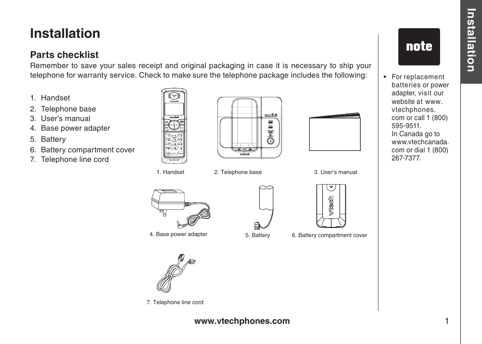 Installation, Parts checklist, Installaton parts checklst | Bas ic o pe ra tio n | VTech 6031 User Manual | Page 4 / 51