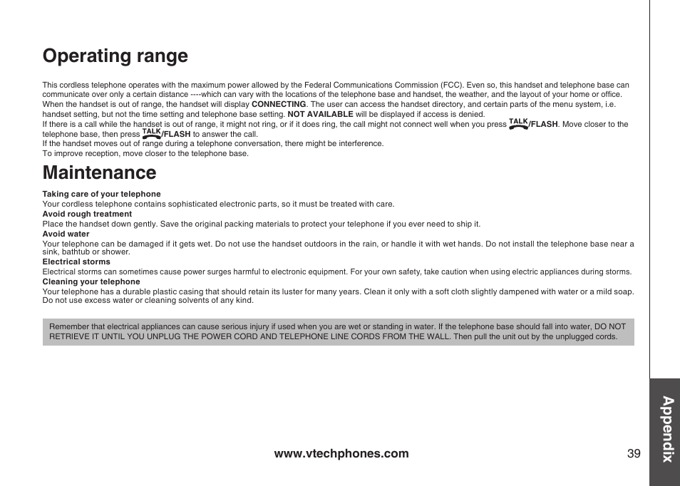 Maintenance, Operating range, Operatng range mantenance | Appendix | VTech 6031 User Manual | Page 42 / 51