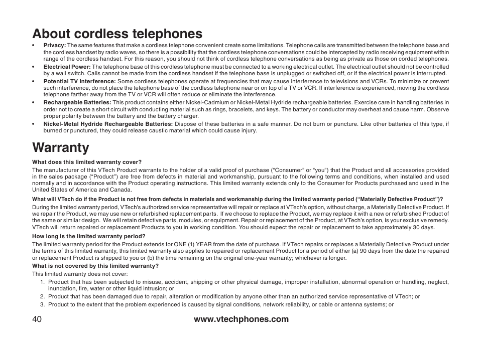 About cordless telephones, Warranty, About cordless telephones warranty | VTech 6031 User Manual | Page 43 / 51