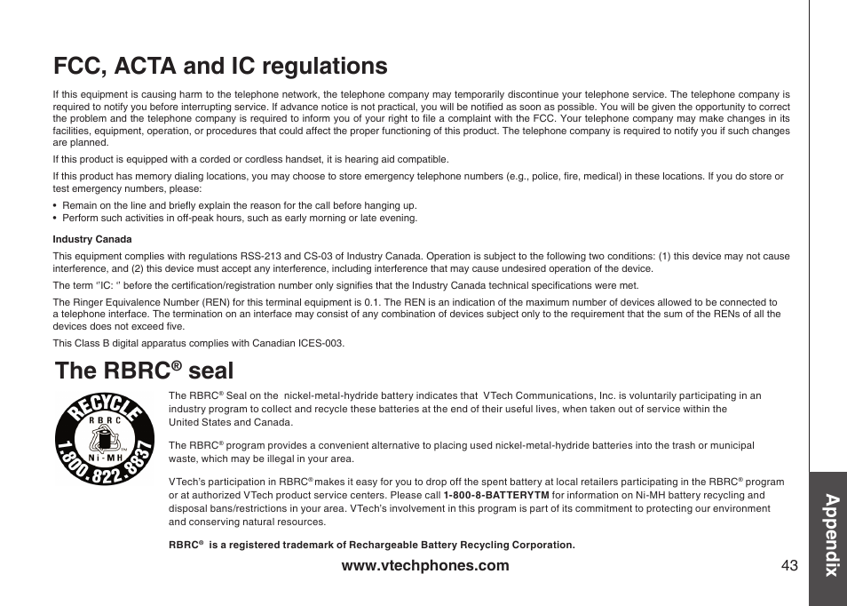 The rbrc® seal, The rbrc, Seal | Fcc, acta and ic regulations, Appendix | VTech 6031 User Manual | Page 46 / 51