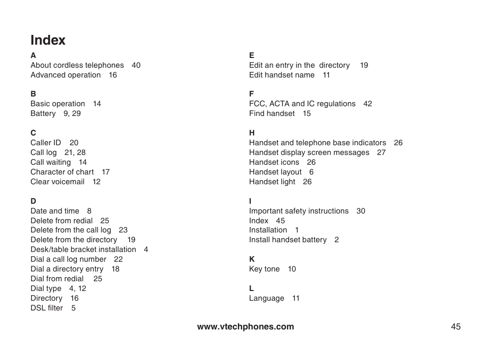 Index | VTech 6031 User Manual | Page 48 / 51