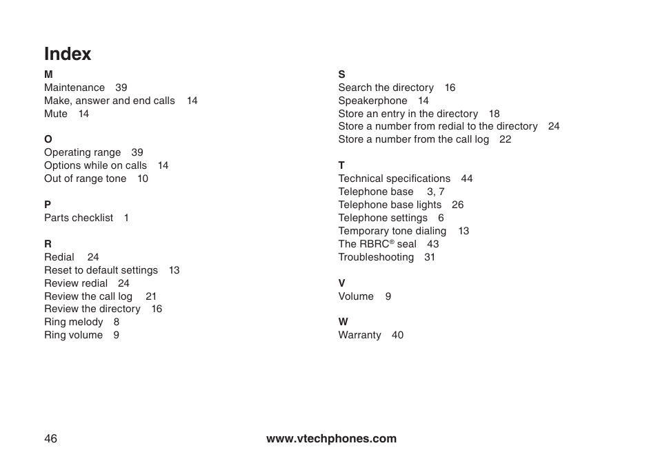 Index | VTech 6031 User Manual | Page 49 / 51