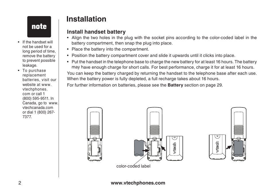 Telephone base installation, Install handset battery, Installation | VTech 6031 User Manual | Page 5 / 51