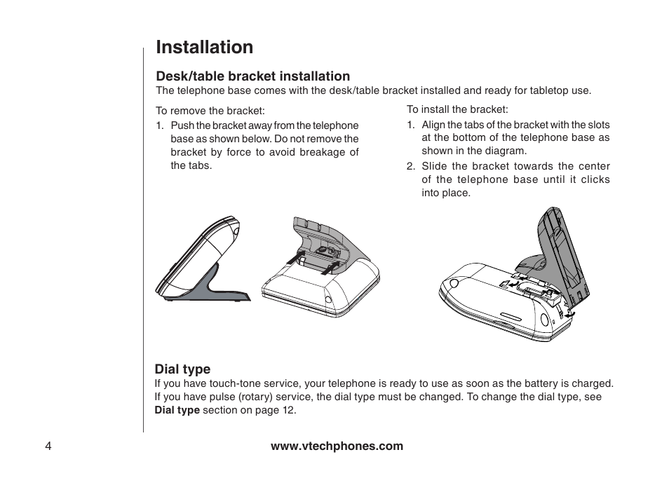 Desk/table bracket nstallaton dal type, Installation | VTech 6031 User Manual | Page 7 / 51