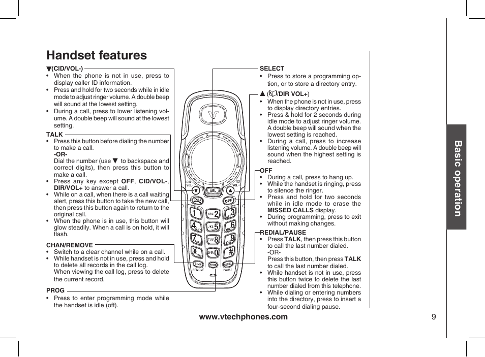 Handset features, Cid/vol, Talk | Chan/remove, Prog, Select, Dir vol, Redial/pause, Bas ic o pe ra tio n | VTech 2338 User Manual | Page 10 / 45