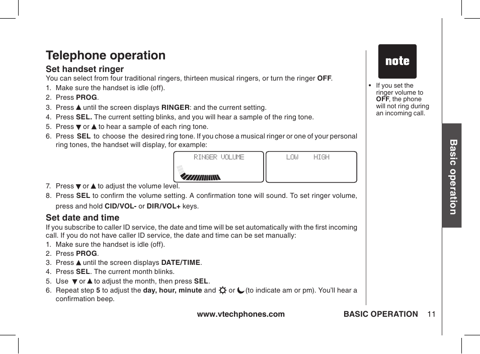 Telephone operation, Set handset ringer, Set date and time | Bas ic o pe ra tio n | VTech 2338 User Manual | Page 12 / 45