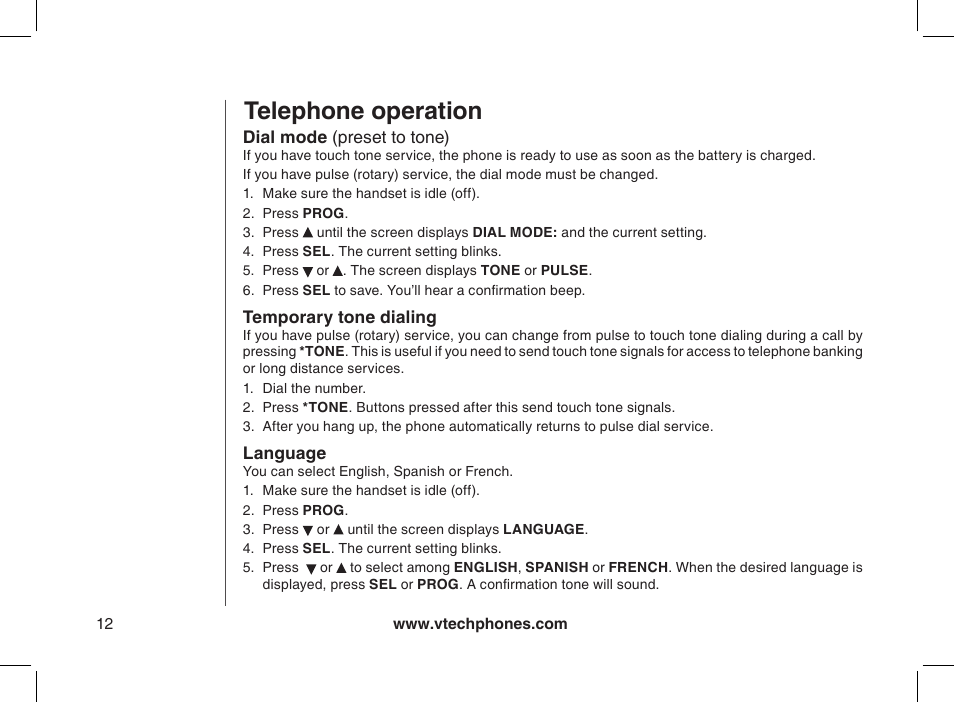 Dial mode (preset to tone), Temporary tone dialing, Language | Telephone operation | VTech 2338 User Manual | Page 13 / 45