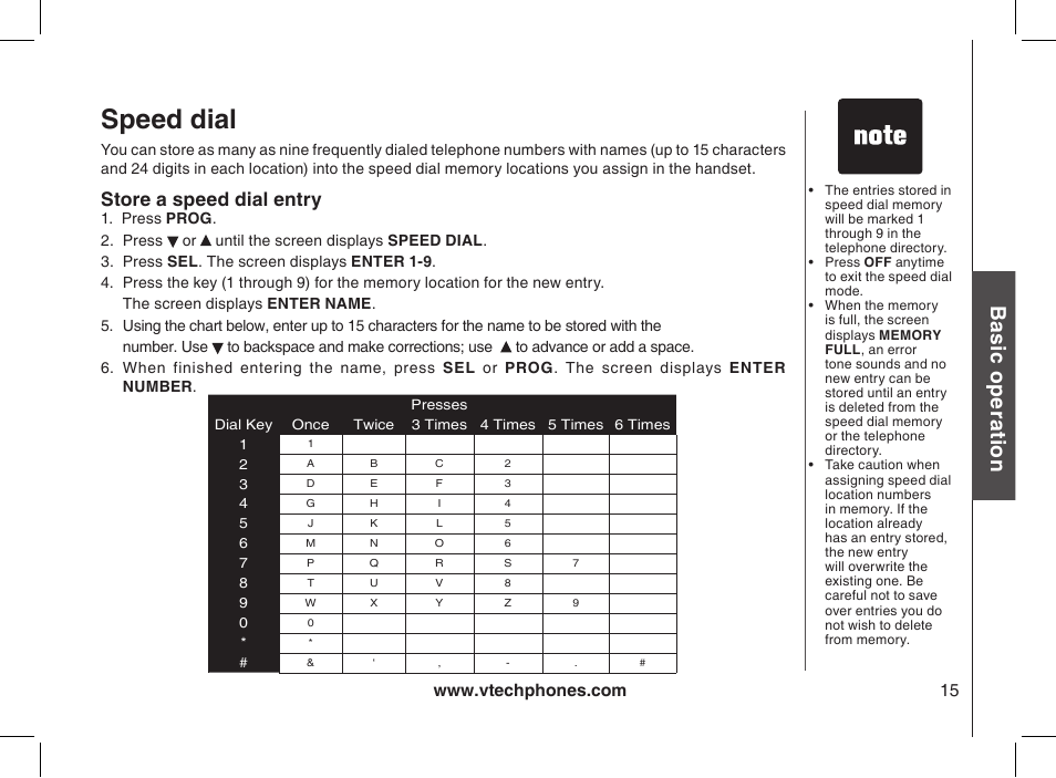 Speed dial, Store a speed dial entry, Bas ic o pe ra tio n | VTech 2338 User Manual | Page 16 / 45