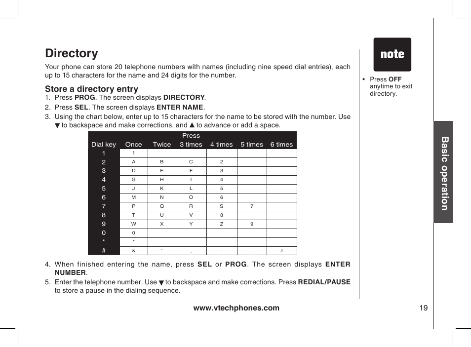 Directory, Store a directory entry, Bas ic o pe ra tio n | VTech 2338 User Manual | Page 20 / 45