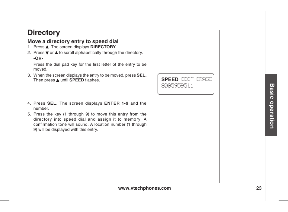 Move a directory entry to speed dial, Directory, Bas ic o pe ra tio n | VTech 2338 User Manual | Page 24 / 45