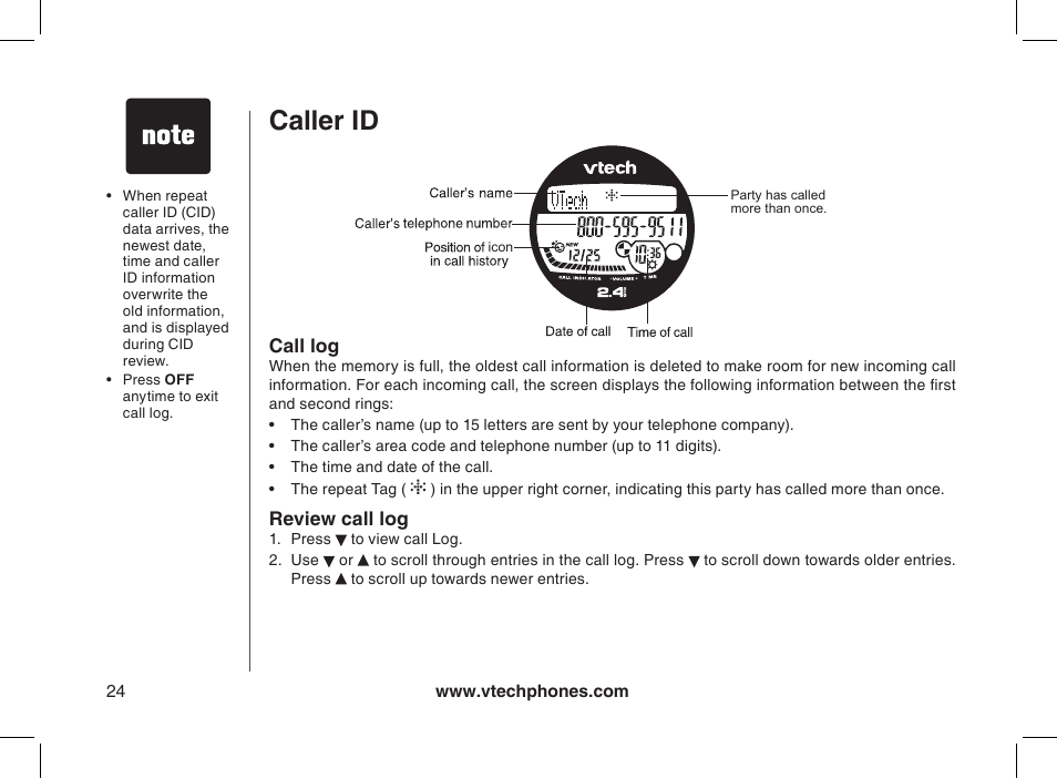 Caller id, Call log, Review call log | VTech 2338 User Manual | Page 25 / 45