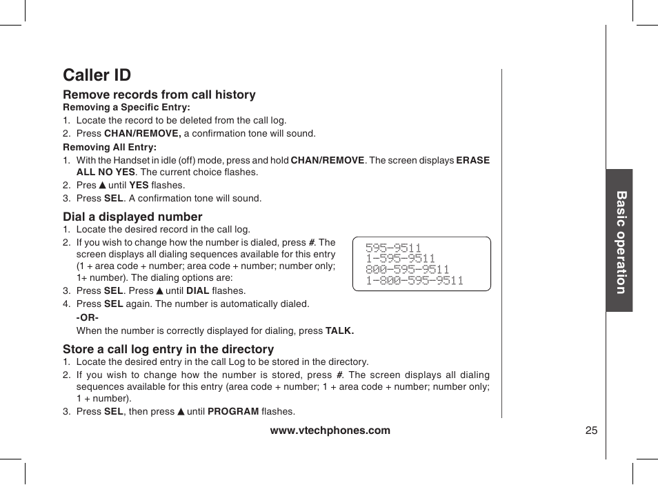 Remove records from call history, Dial a displayed number, Store a call log entry in the directory | Caller id, Bas ic o pe ra tio n | VTech 2338 User Manual | Page 26 / 45