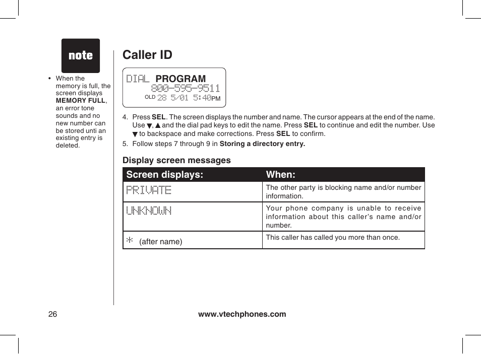 Display screen messages, Caller id, Program | Screen displays: when | VTech 2338 User Manual | Page 27 / 45