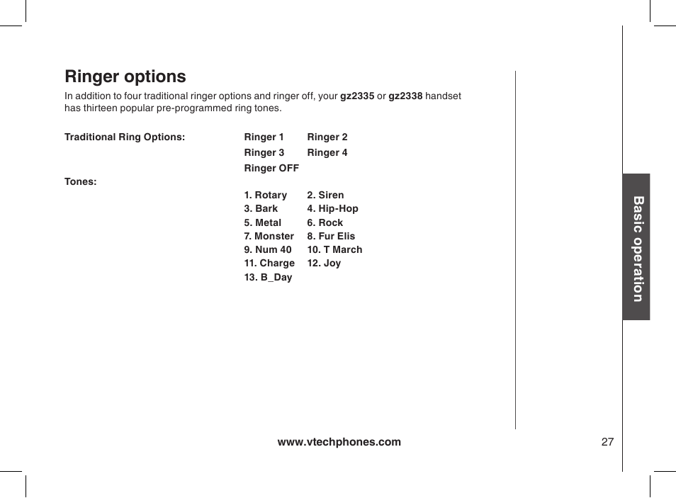 Ringer options, Traditional ring options, Tones | Bas ic o pe ra tio n | VTech 2338 User Manual | Page 28 / 45