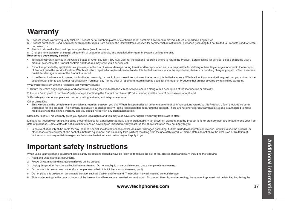 Important safety instructions, Warranty, Additional information | VTech 2338 User Manual | Page 38 / 45