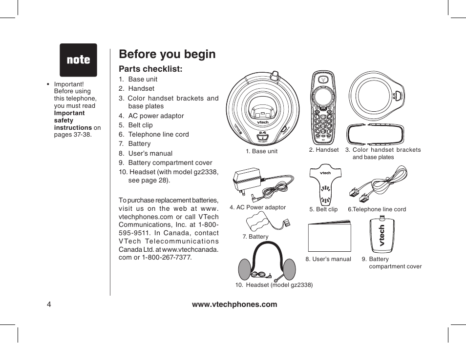 Before you begin, Parts checklist | VTech 2338 User Manual | Page 5 / 45