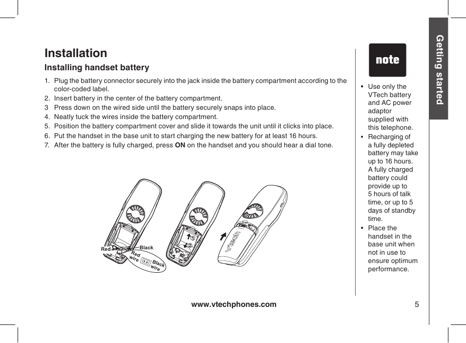 Installation, Installing handset battery, Gett in g s ta rte d | VTech 2338 User Manual | Page 6 / 45