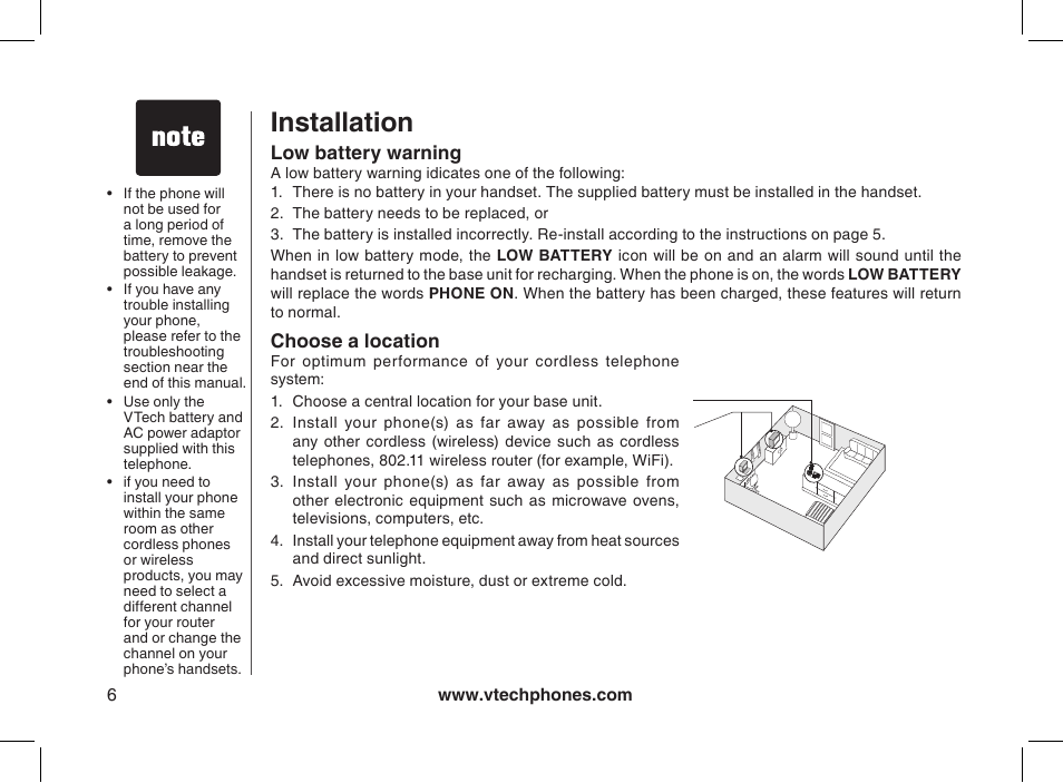 Low battery warning, Choose a location, Installation | VTech 2338 User Manual | Page 7 / 45