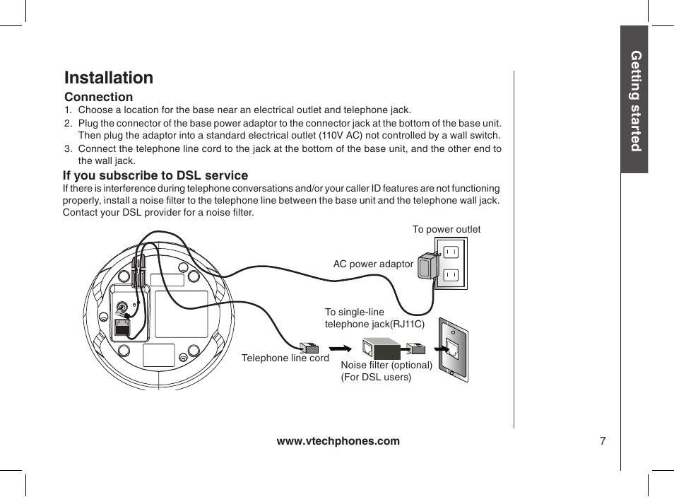 Connection, If you subscribe to dsl service, Installation | VTech 2338 User Manual | Page 8 / 45