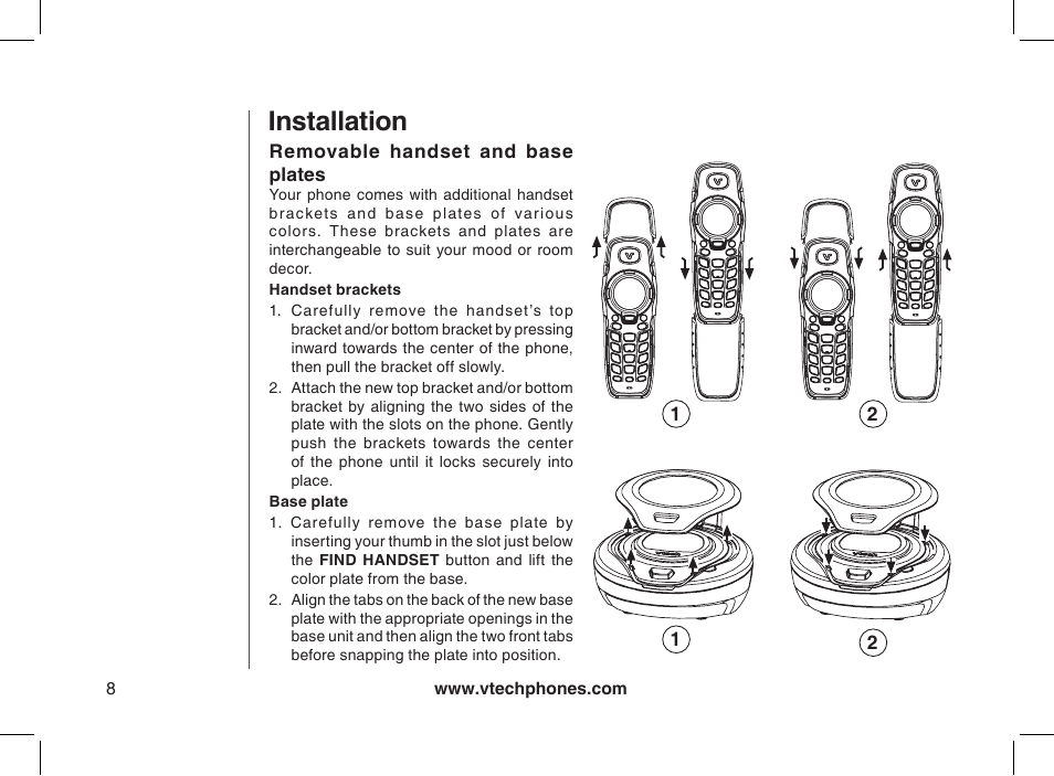 Removable handset and base plates, Handset brackets, Base plate | Installation | VTech 2338 User Manual | Page 9 / 45