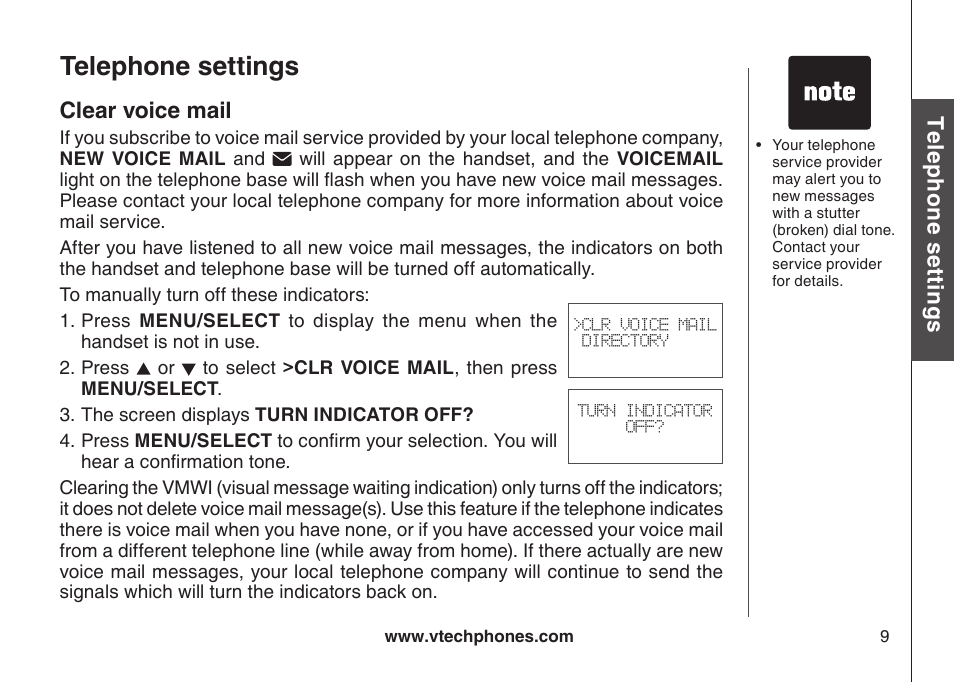 Telephone settings, Te le ph on e s ett in gs, Clear voice mail | VTech LS6126-5 User Manual | Page 12 / 73
