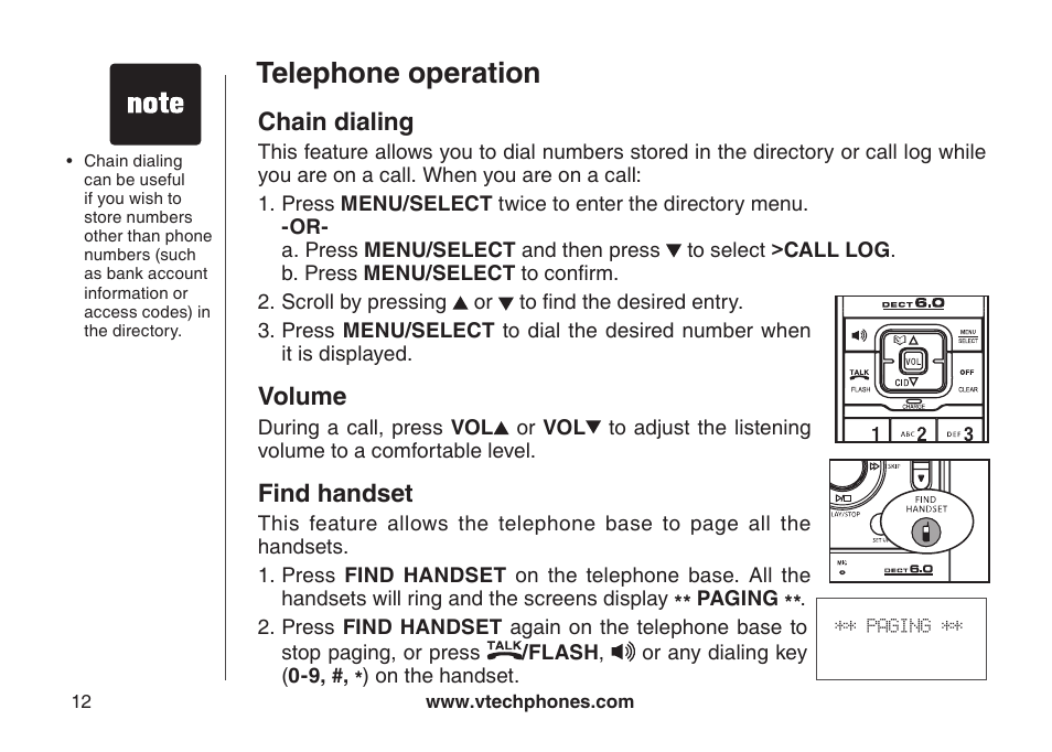 Telephone operation, Chain dialing, Volume | Find handset | VTech LS6126-5 User Manual | Page 15 / 73