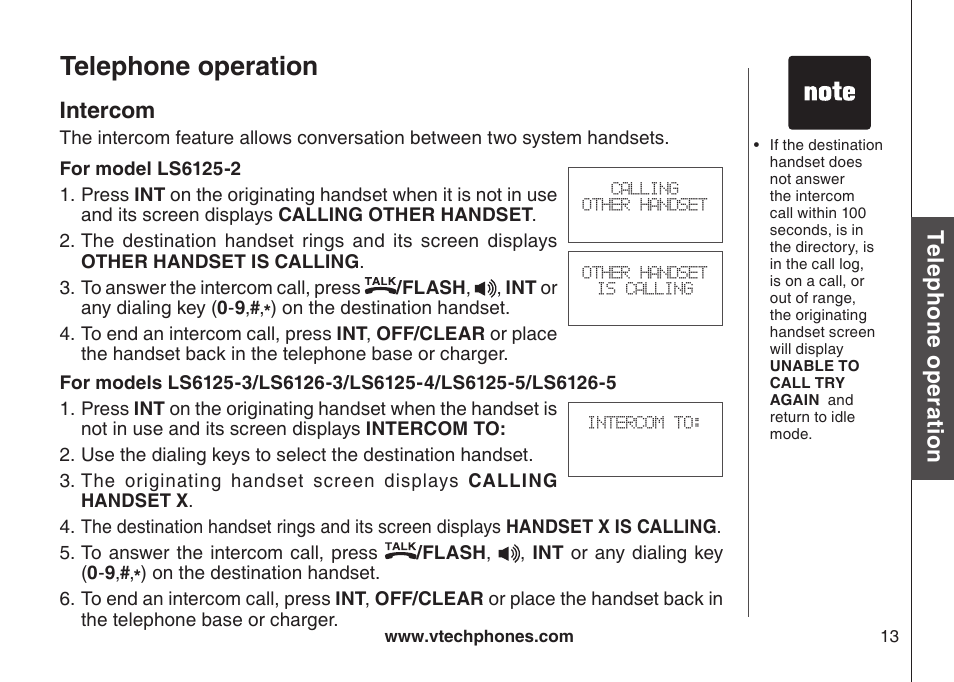 Telephone operation, Te le ph on e o pe ra tio n, Intercom | VTech LS6126-5 User Manual | Page 16 / 73