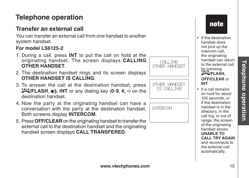 Telephone operation, Te le ph on e o pe ra tio n, Transfer an external call | VTech LS6126-5 User Manual | Page 18 / 73