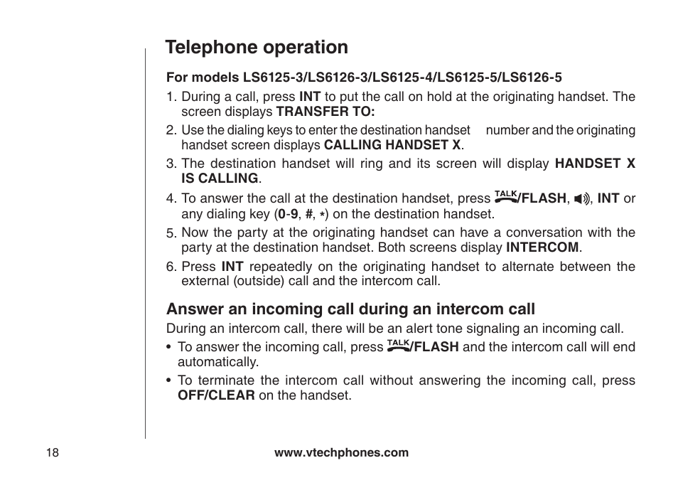Telephone operation, Answer an incoming call during an intercom call | VTech LS6126-5 User Manual | Page 21 / 73