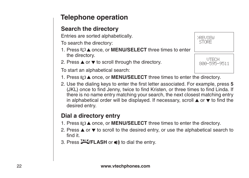 Telephone operation, Search the directory, Dial a directory entry | VTech LS6126-5 User Manual | Page 25 / 73