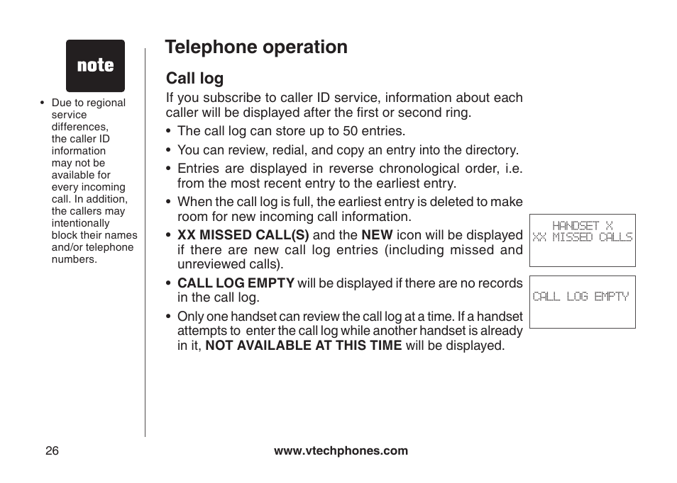 Telephone operation, Call log | VTech LS6126-5 User Manual | Page 29 / 73